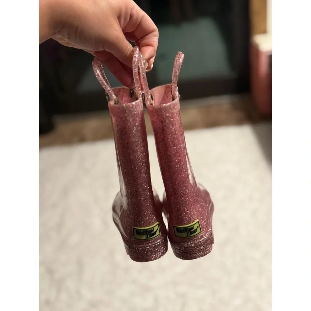 Western Chief Rain Boots Girls Pink Glitter Light Up Heart Handle Waterproof Fun